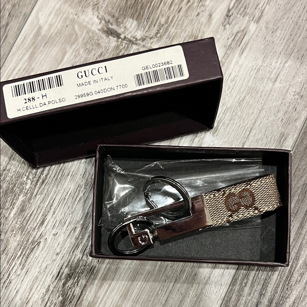 Gucci Keychain with Tan and Silver Details